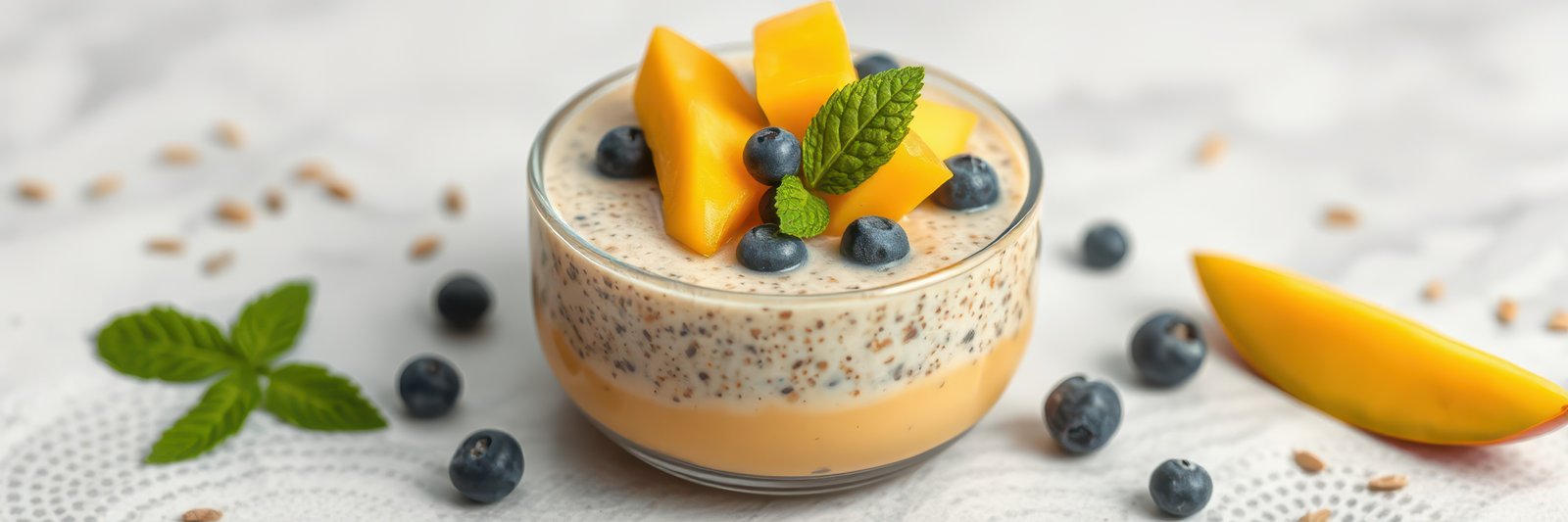 Healthy mango and blueberry dessert served in a glass bowl garnished with mint leaves on a textured background
